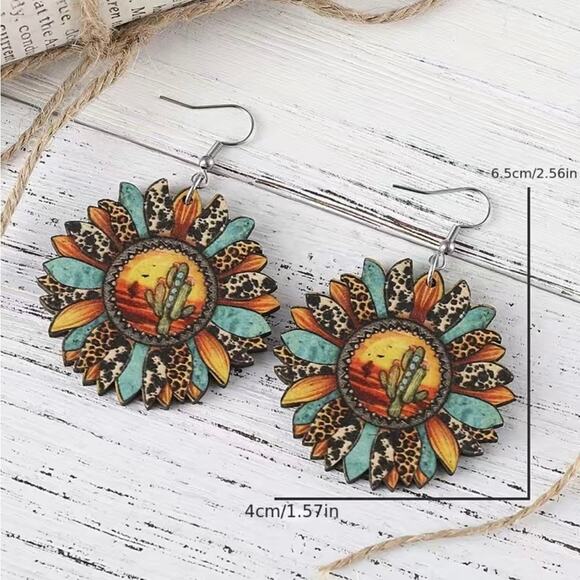 Sunflower Shape Pendant Drop Earrings Leopard Cactus Desert Wood Southwestern - Picture 4 of 4
